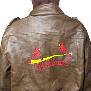St. Louis Cardinals Faux Leather Jacket Men's L Brown Hooded Full Zip MLB Log